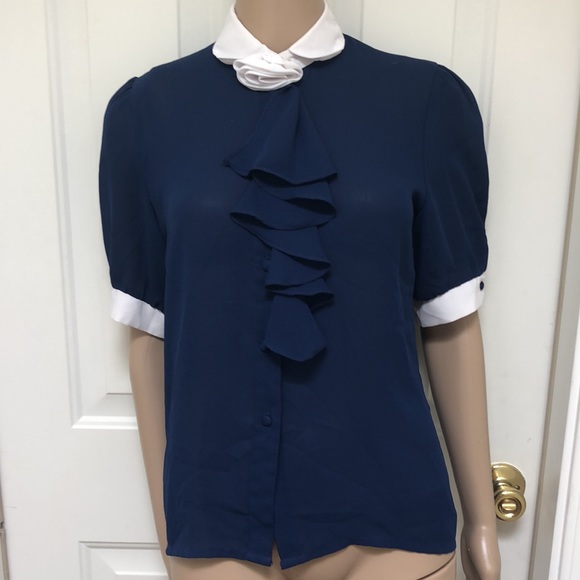 VTG 80’s Monique California Blue & White Sheer Short Sleeve Blouse Ruffle - Picture 5 of 6